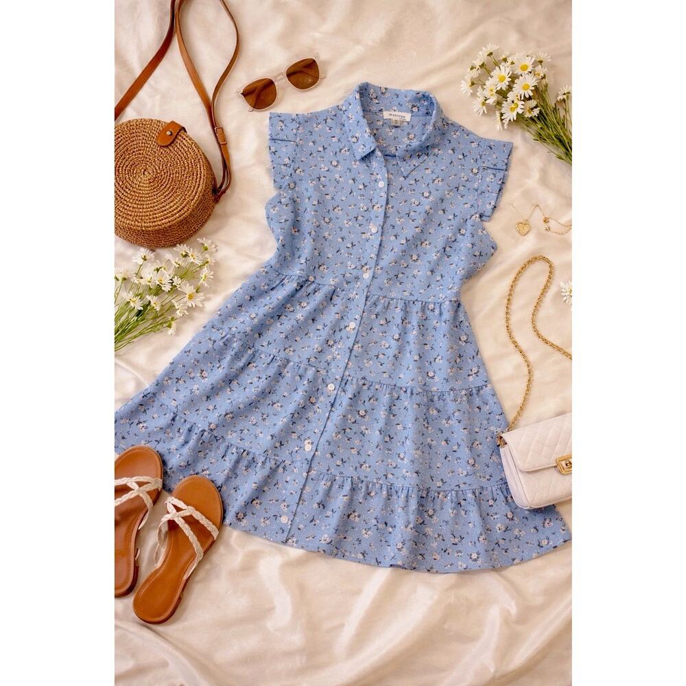 Monteau Floral Dress Women L Tiered Button Front Ruffle Sleeve Boho Casual Summe